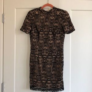 Black lace, nude underlay body fitting dress